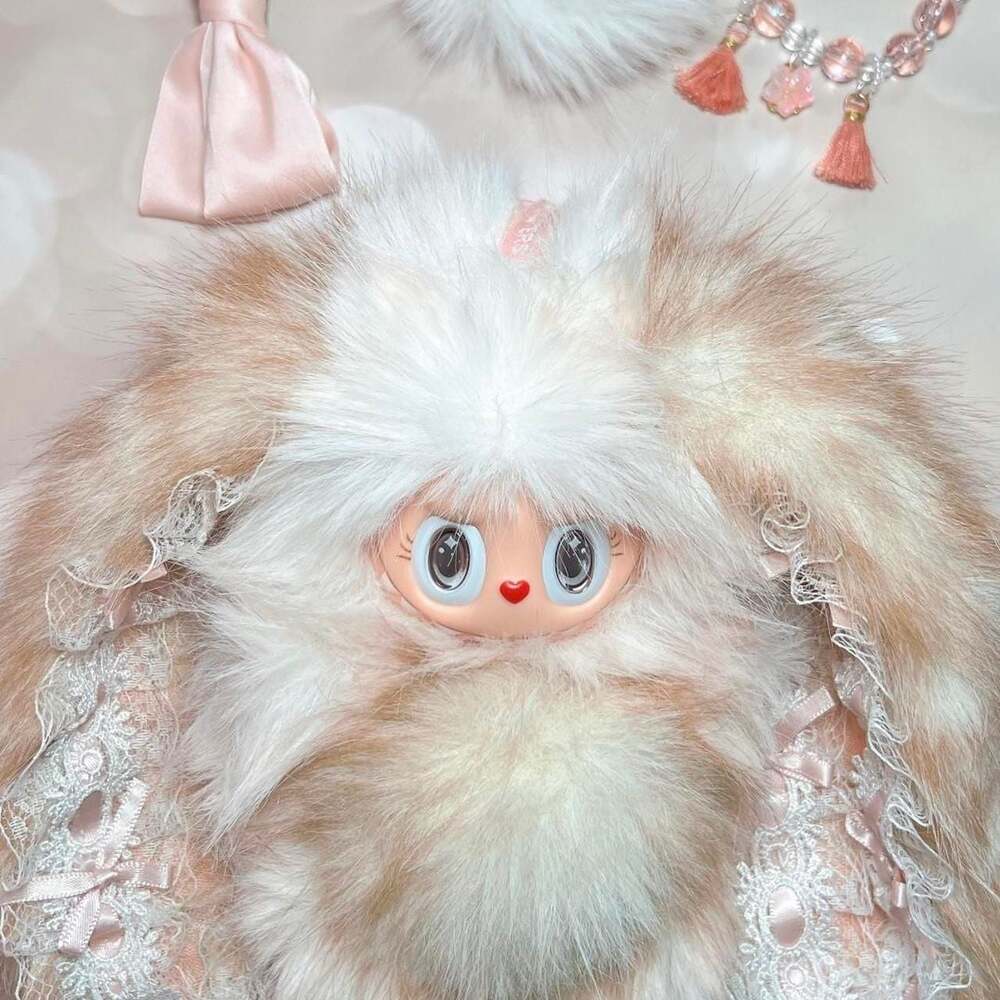 Handmade Labubu Inspired Custom Plush Keychain - Pink and Tan Lace Edition - Picture 3 of 5
